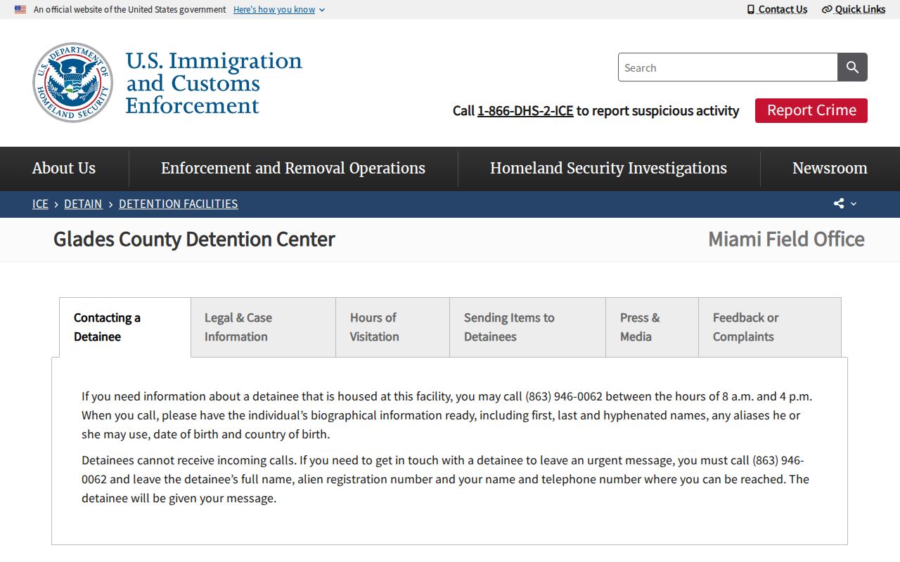 Official ICE Glades County detention record page in Moore Haven