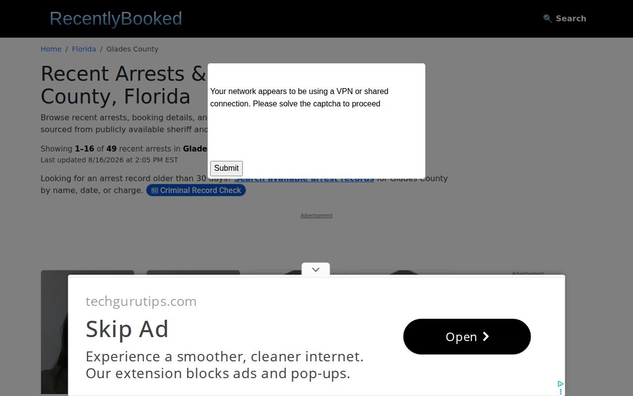Glades County crime news and unofficial recent booking record interface
